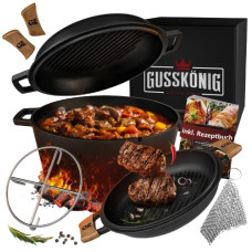 Чавунний казан Gusskönig 5 л з кришкою-пательнею з ручками + книга рецептів, шкіряні накладки на ручки, очищувач і підставка Чавунний казан Gusskönig 5 л з кришкою-пательнею з ручками + книга рецептів, шкіряні накладки на ручки, очищувач і підставка