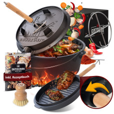 Чавунний казан Gusskönig 9 л з кришкою-пательнею + книга рецептів, підйомник кришки, очищувач І підставка Чавунний казан Gusskönig 9 л з кришкою-пательнею + книга рецептів, підйомник кришки, очищувач І підставка